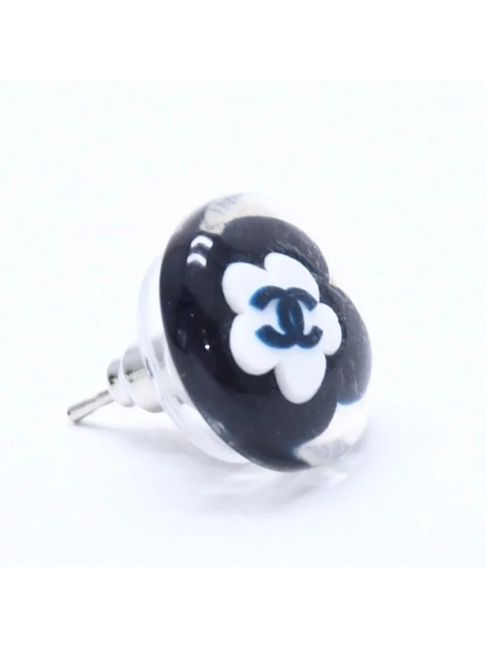 Chanel CC Logo Button Earrings 04 Camellia Clear Black White Resin